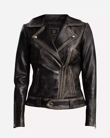 Womens Distressed Black Biker Jacket