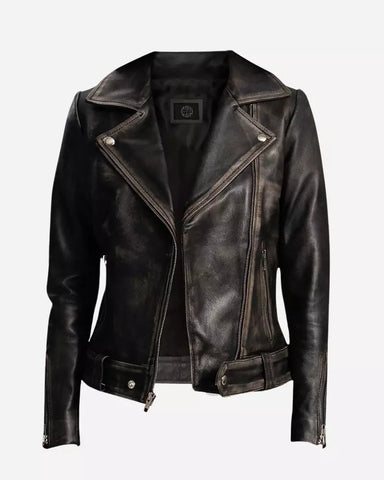 Womens Distressed Black Biker Jacket