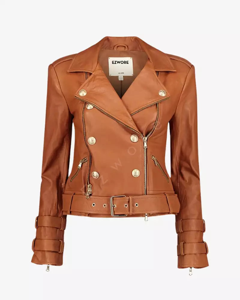 Women Brown Belted Moto Jacket