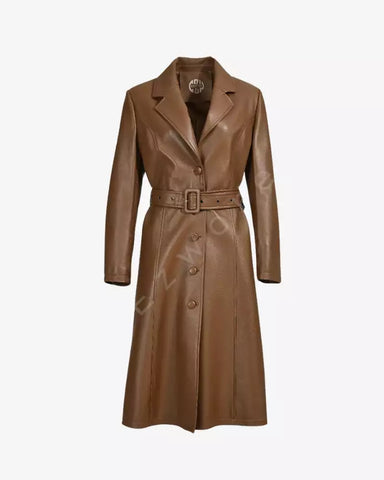 Women Brown Long Leather Trench Coat