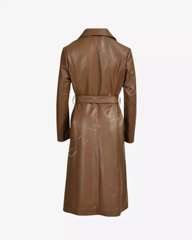 Women Brown Long Leather Trench Coat