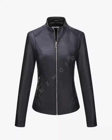 Women Cafe Racer Black Leather Jacket