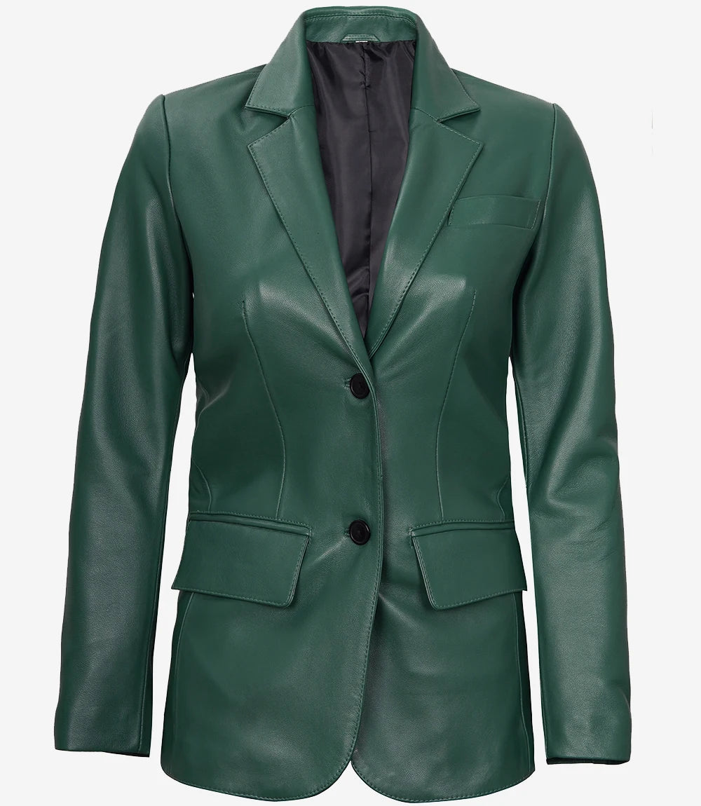 Womens-Button-Green-Leather-Blazer