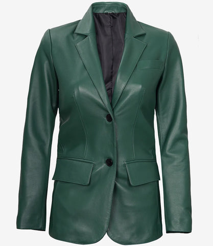 Womens-Button-Green-Leather-Blazer