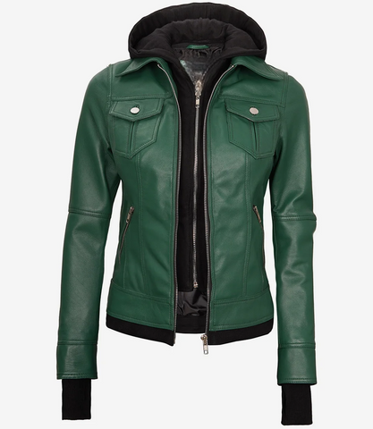 Womens-Green-Bomber-Leather-Jacket-with-Hood