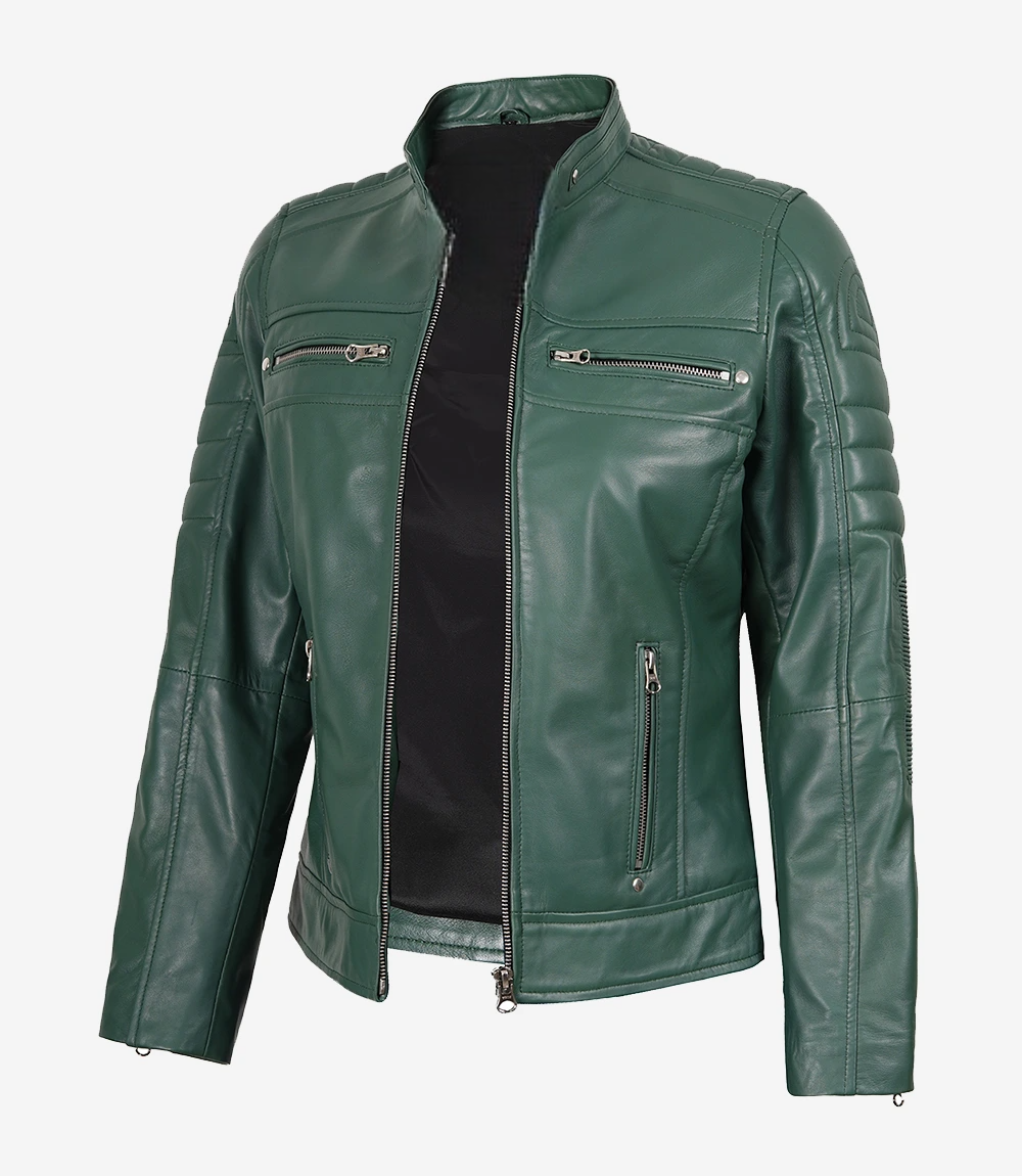 Womens-Real-Leather-Green-Biker-Style-Jacket
