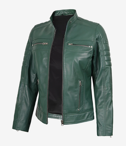 Womens-Real-Leather-Green-Biker-Style-Jacket