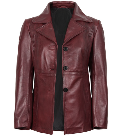Womens-Three-Button-Burgundy-Leather-Blazer