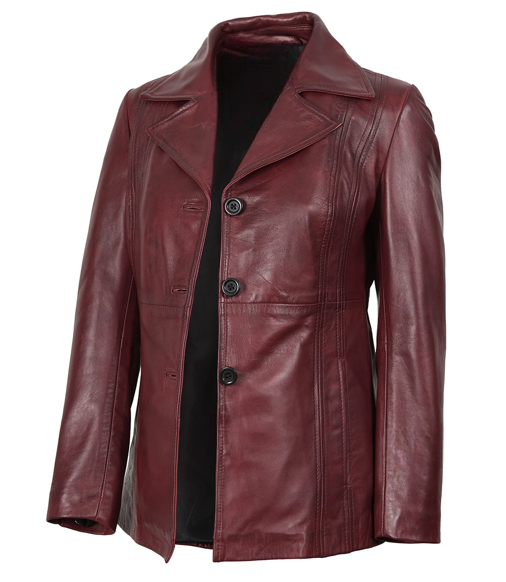 Womens-Three-Button-Burgundy-Leather Blazer