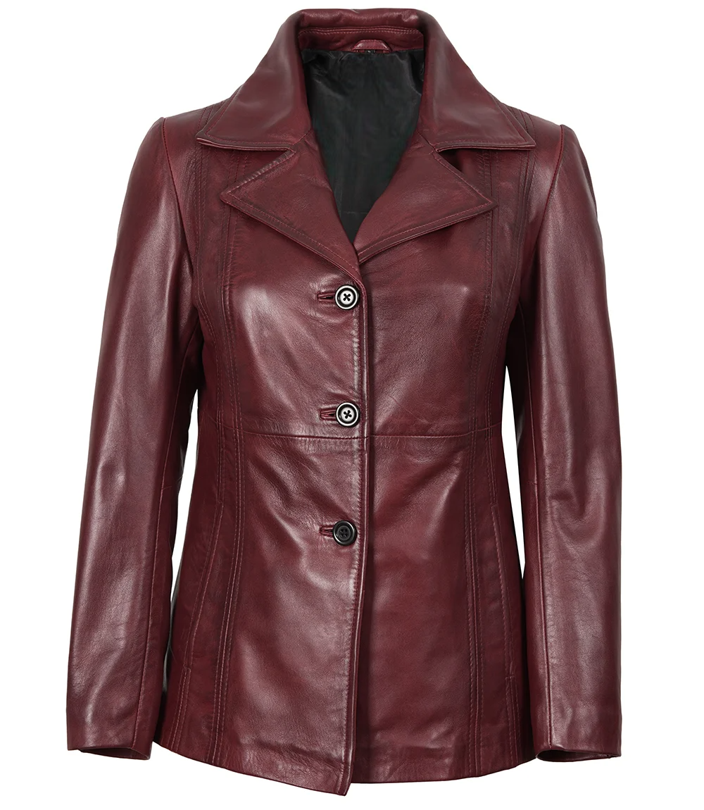 Womens-Three-Button-Burgundy-Leather Jacket