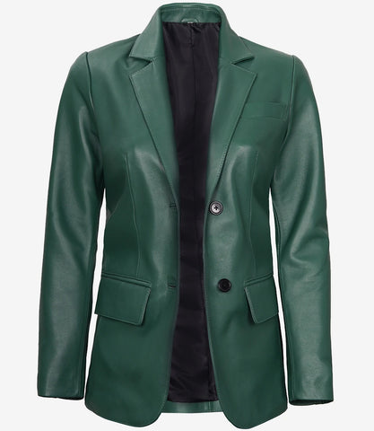 Womens-Two-Button-Green-Leather-Blazer