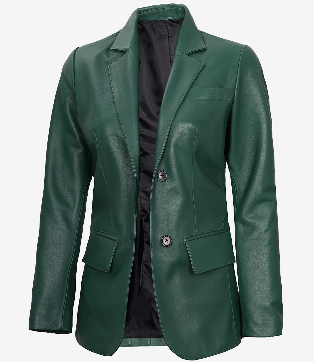 Womens-Two-Button-Green-Leather Blazer