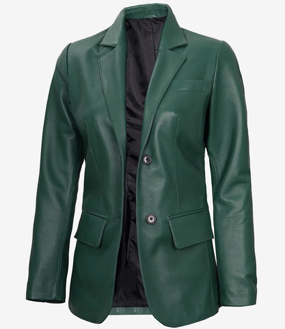 Womens-Two-Button-Green-Leather Blazer