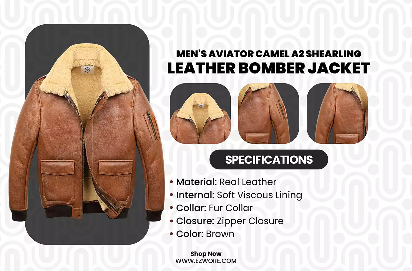 Men's Aviator Camel A2 Shearling Leather Bomber Jacket infography