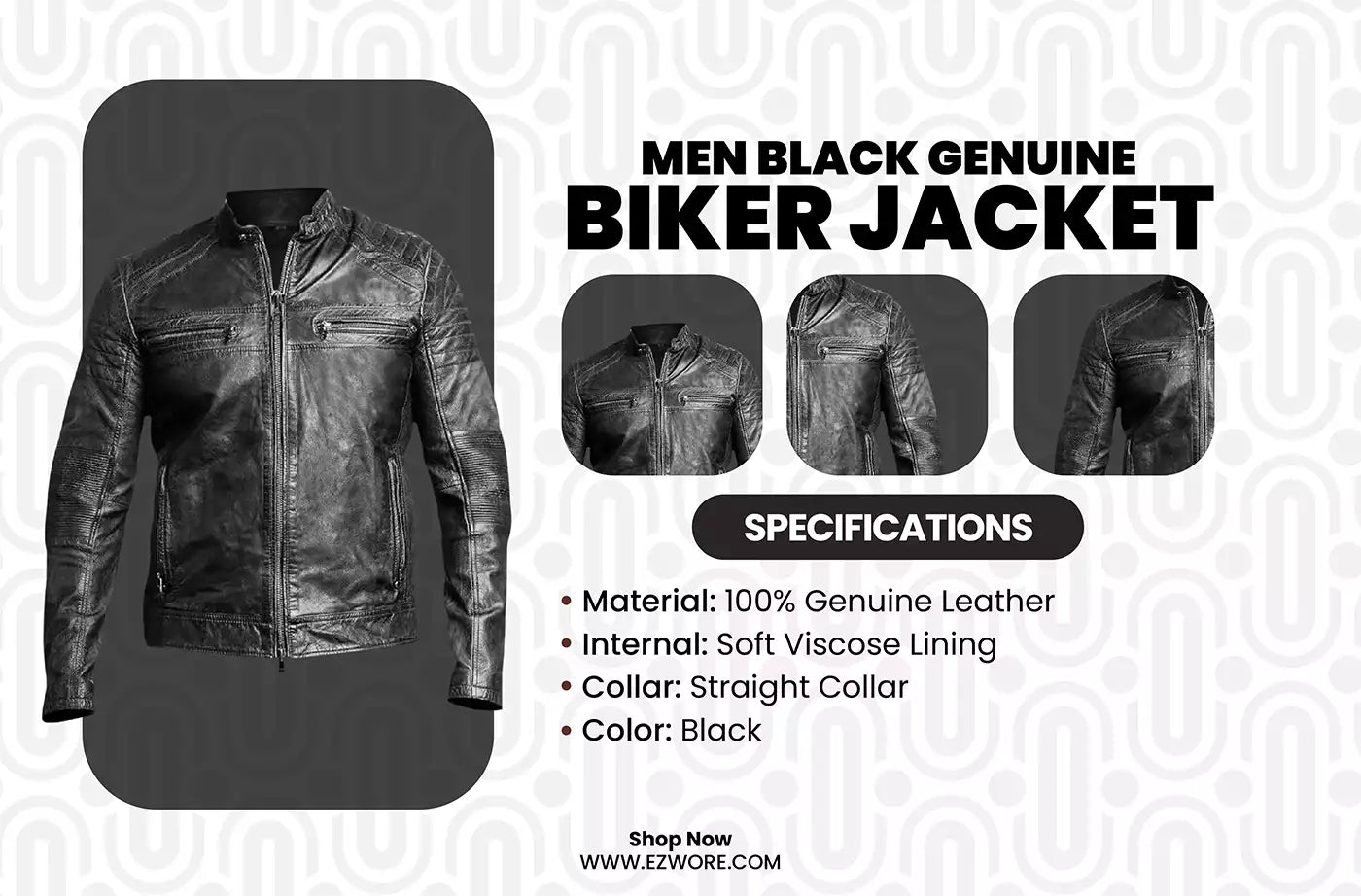 Men Black Genuine Biker Jacket infography