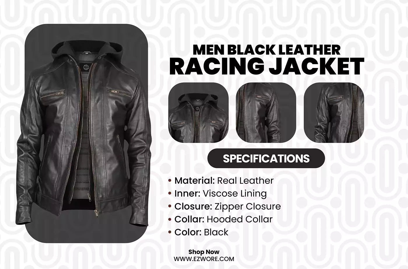 Men Black Leather Racing Jacket infography