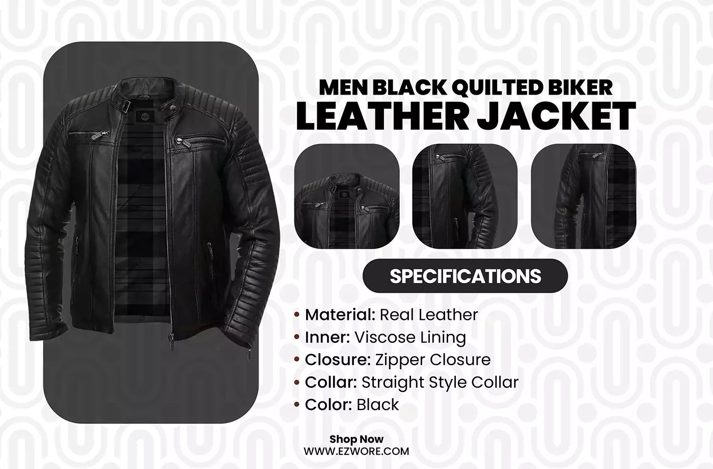 Men Black Quilted Biker Leather Jacket infography