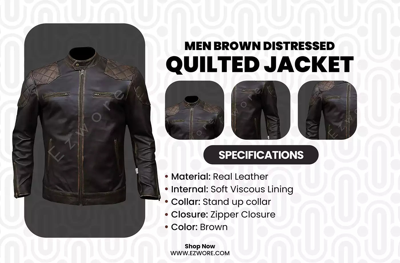 Men Brown Distressed Quilted Jacket infography