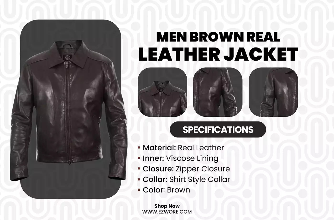 Men Brown Real Leather Jacket infography