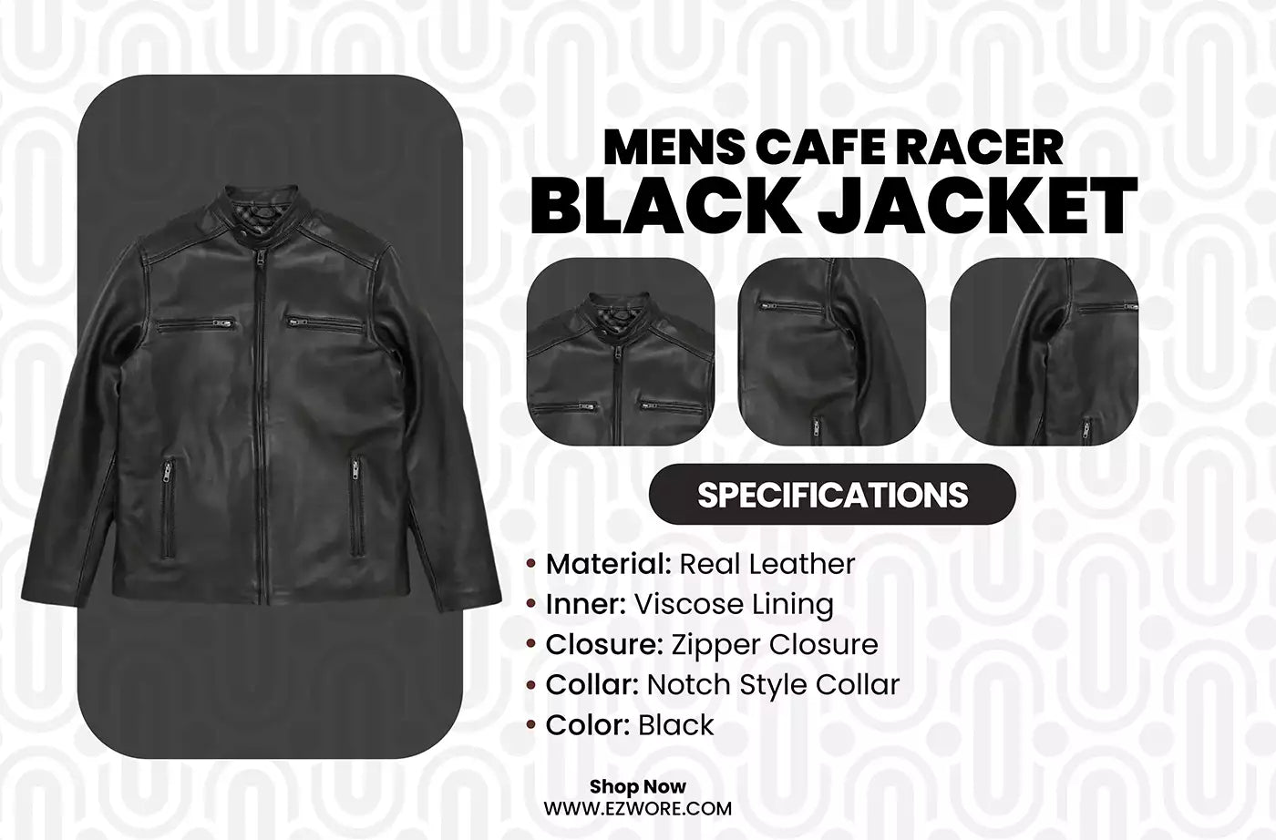 Mens Cafe Racer Black Jacket infography