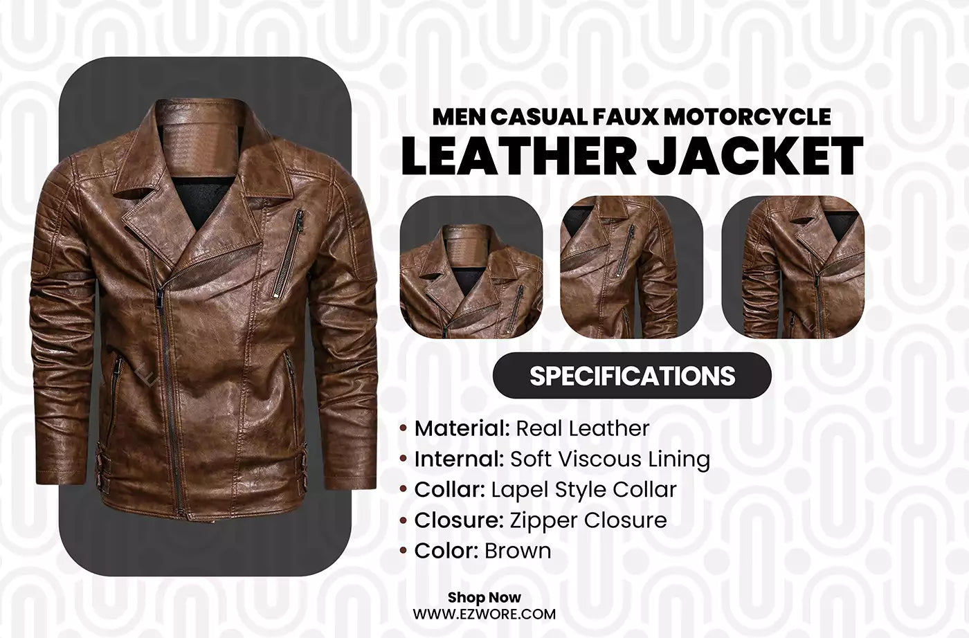 Men Casual Faux Motorcycle Leather Jacket infography