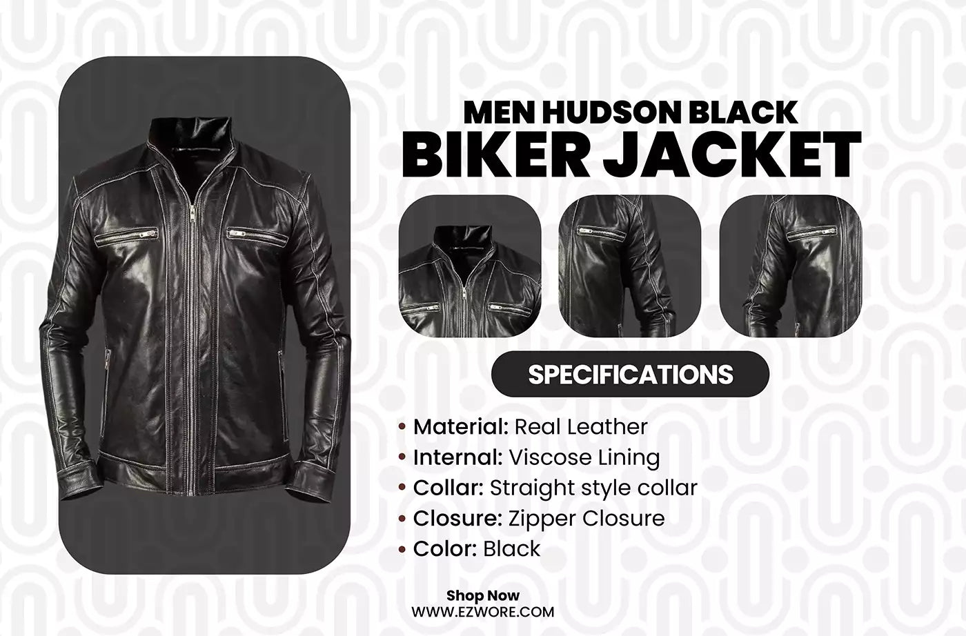 Men Hudson Black Biker Jacket infography