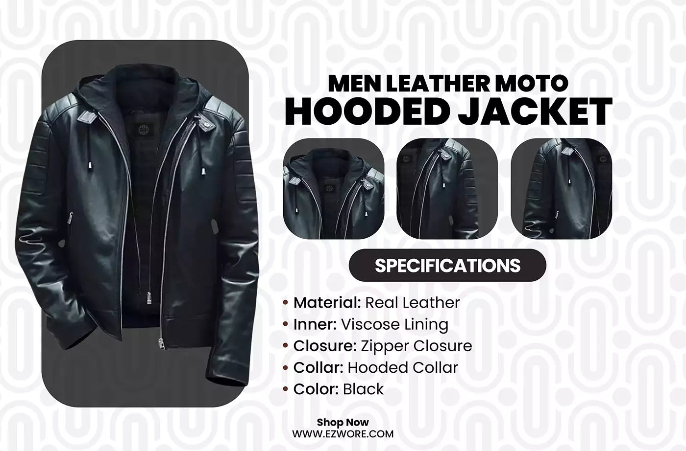 Men Leather Moto Hooded Jacket infography