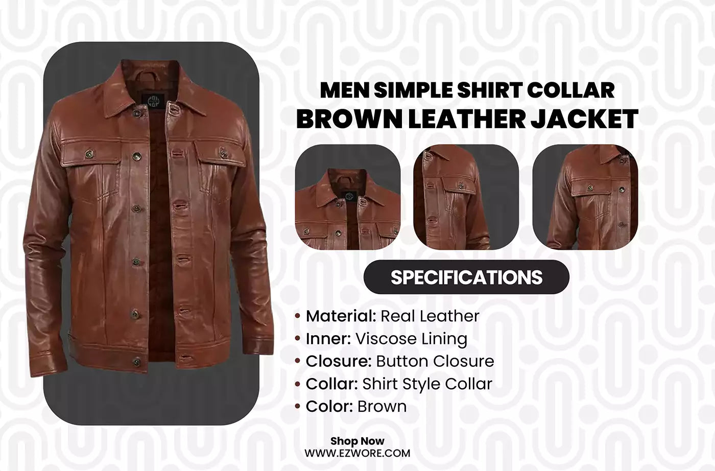 Men Simple Shirt Collar Brown Leather Jacket infography