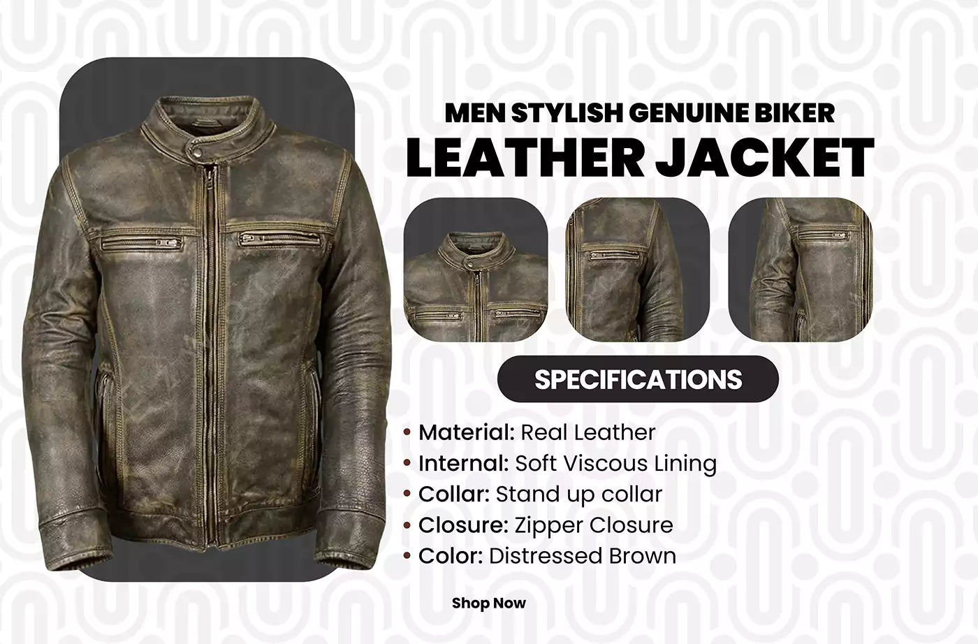 Men Stylish Genuine Biker Leather Jacket infography