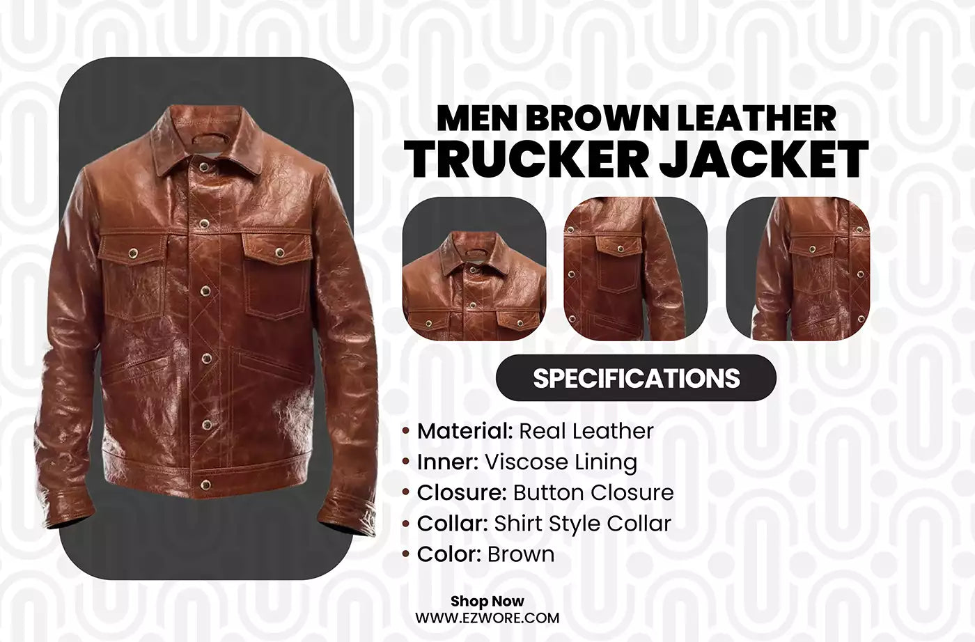 Men Brown Leather Trucker Jacket infography