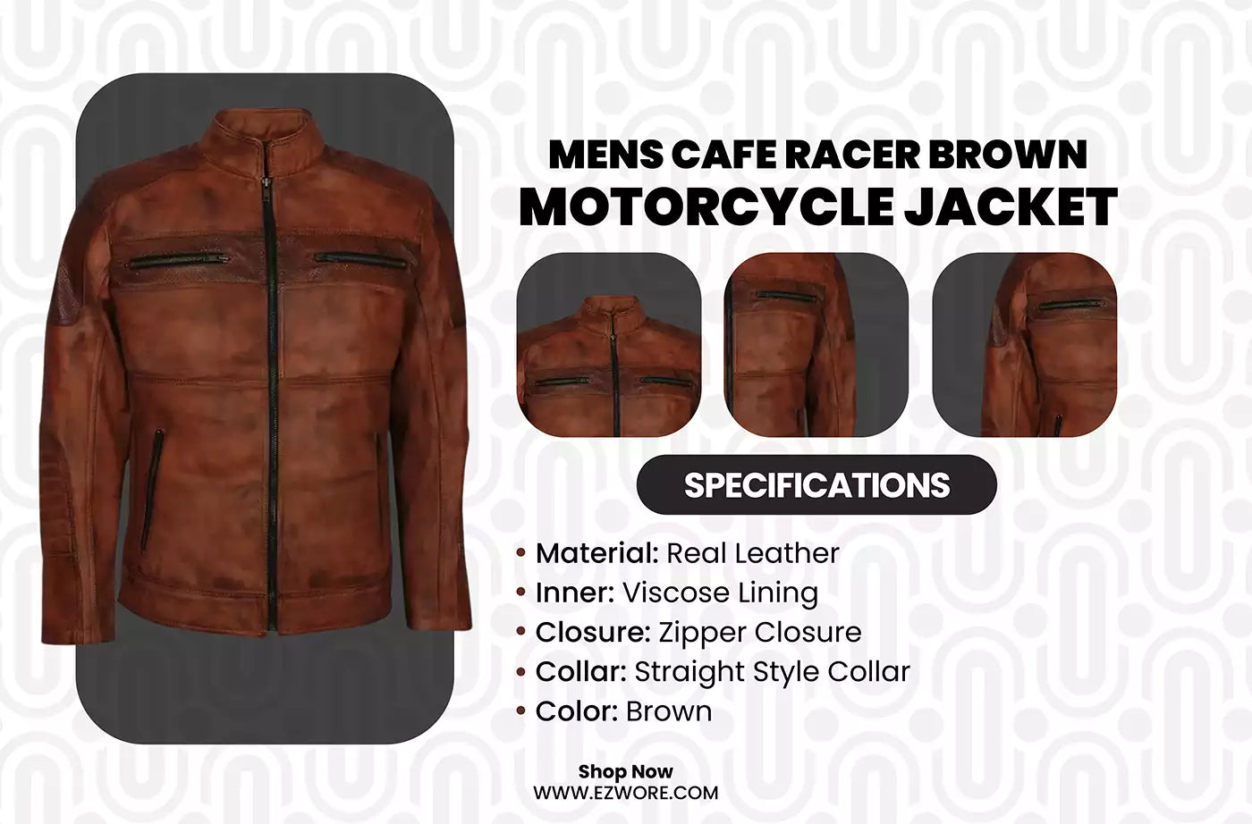 Mens Cafe Racer Brown Motorcycle Jacket infography