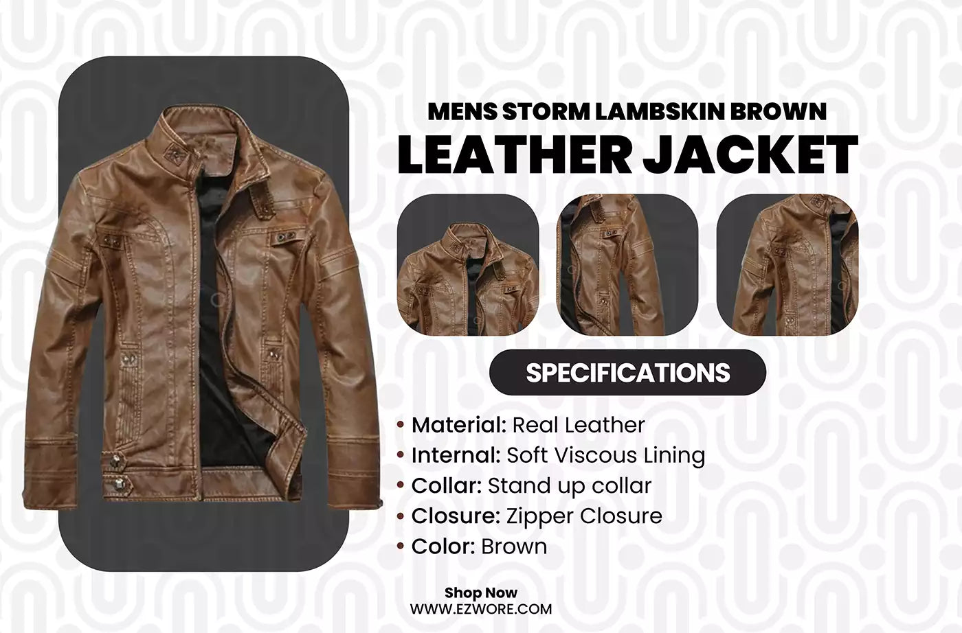 Mens Storm Lambskin Brown Leather Jacket infography